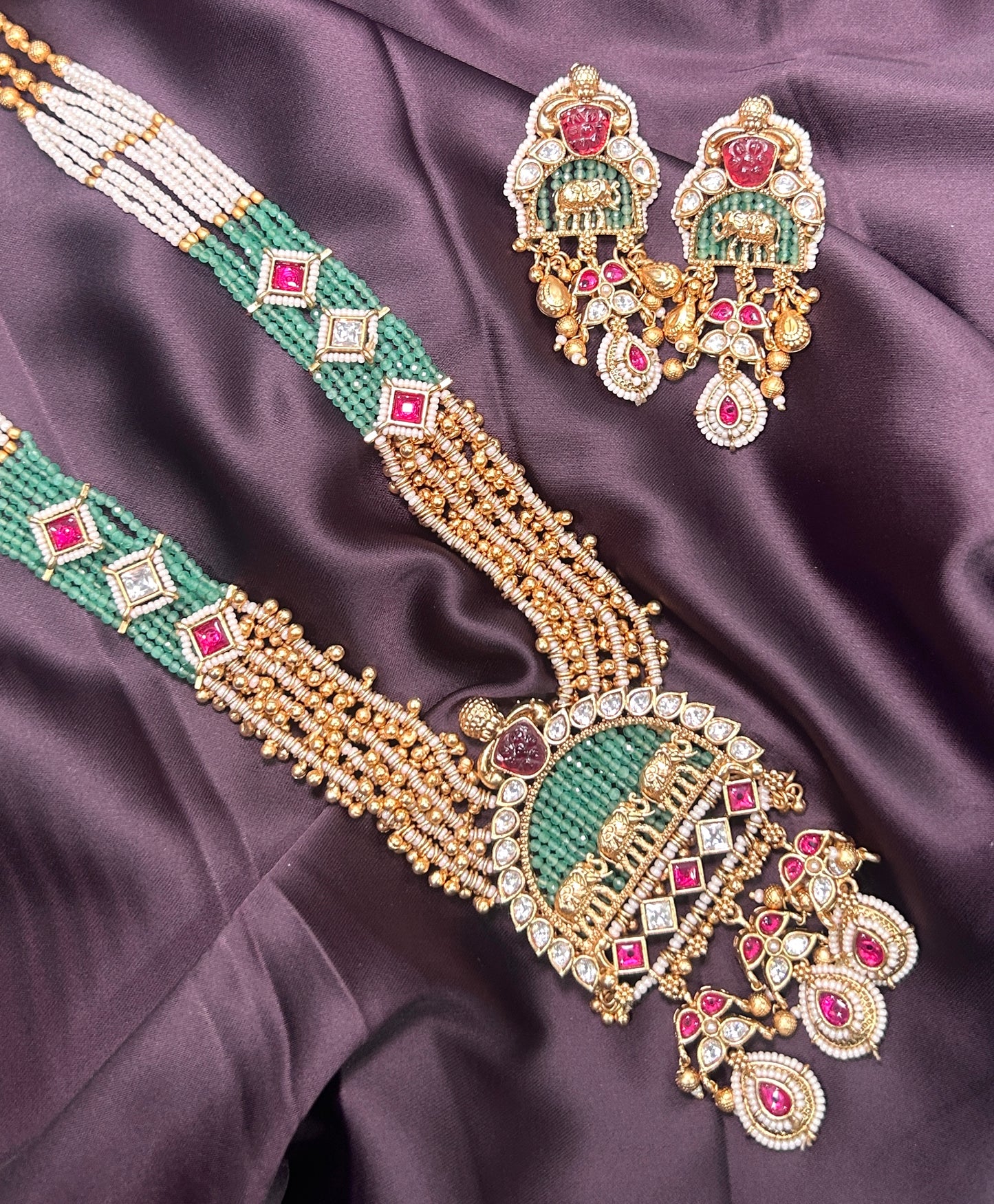 Temple Elephant Motif Long Necklace Set