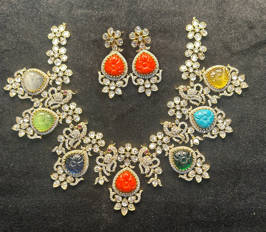 Rang Mahal Multicolour Carved Stone Necklace Set