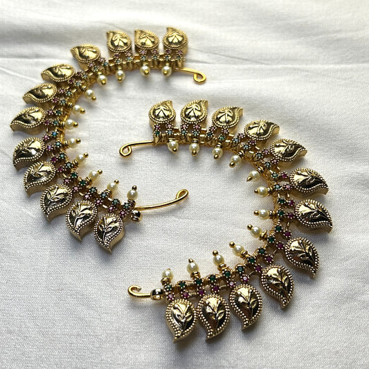 Pearl-Embellished Leaf Motif Ear Cuffs – Antique Finish