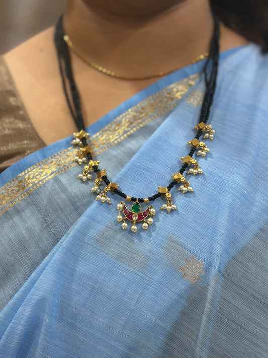 Pink and Green Stone Black Beads Mangalsutra with Pearl Drops