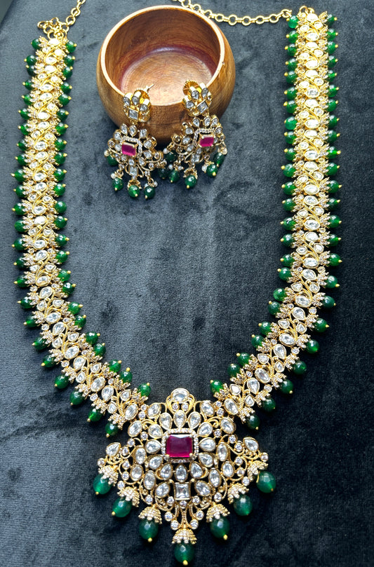 Royal Kundan Bridal Long Necklace Set – Emerald Green & Ruby Red
