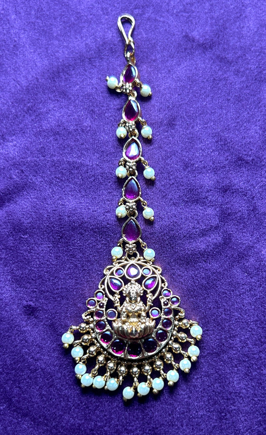 Lakshmi Motif Maang Tikka with Purple Kundan & Pearl Drops