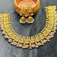 Lakshmi Floral Temple Necklace Set – Antique Gold with Pink & Green Accents