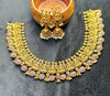 Lakshmi Floral Temple Necklace Set – Antique Gold with Pink & Green Accents