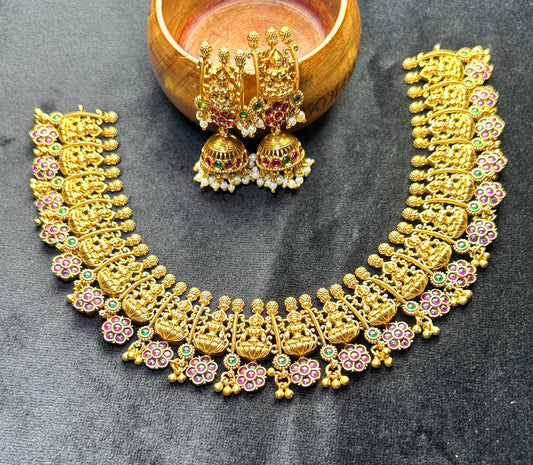 Lakshmi Floral Temple Necklace Set – Antique Gold with Pink & Green Accents