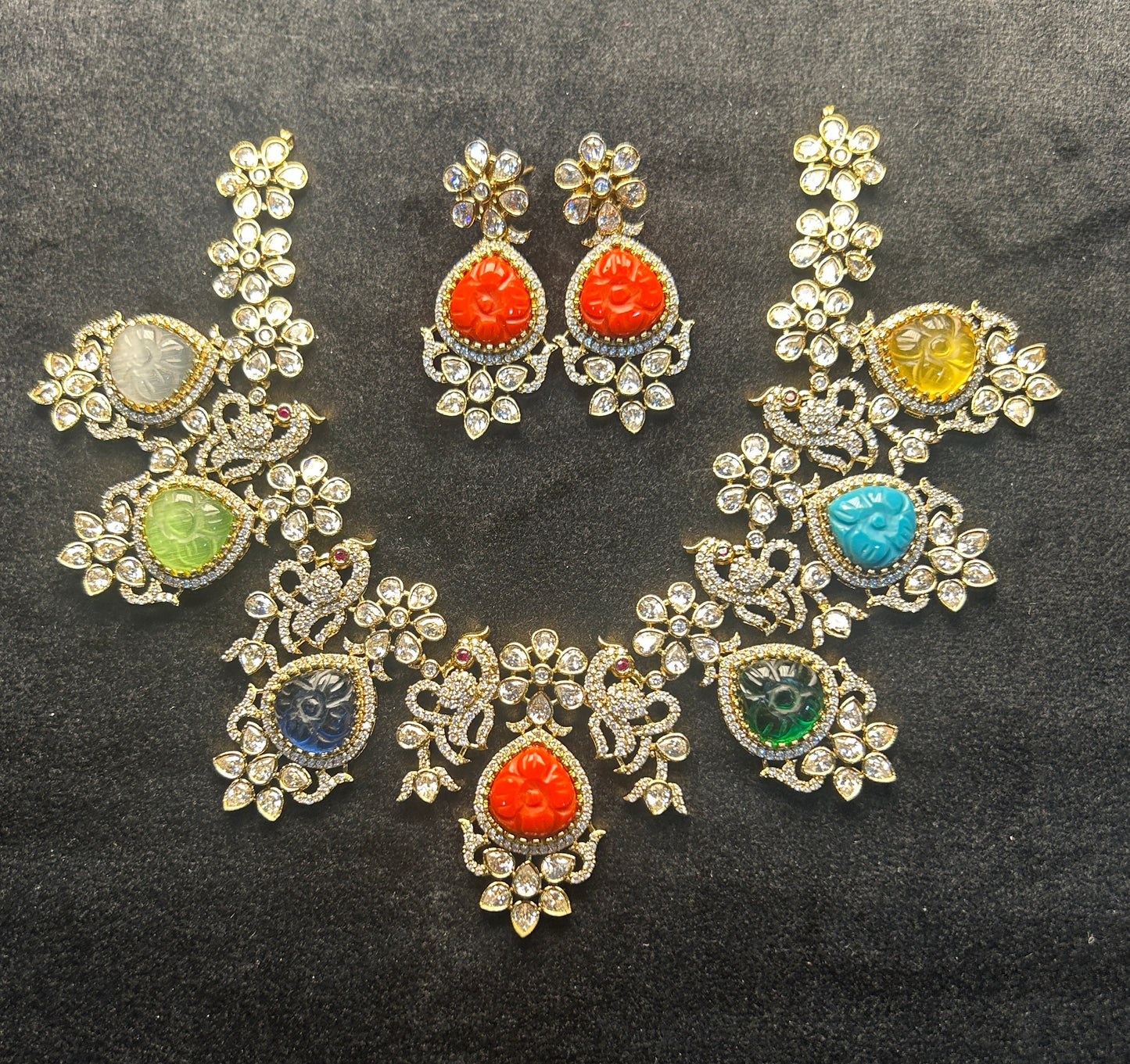 Rang Mahal Multicolour Carved Stone Necklace Set