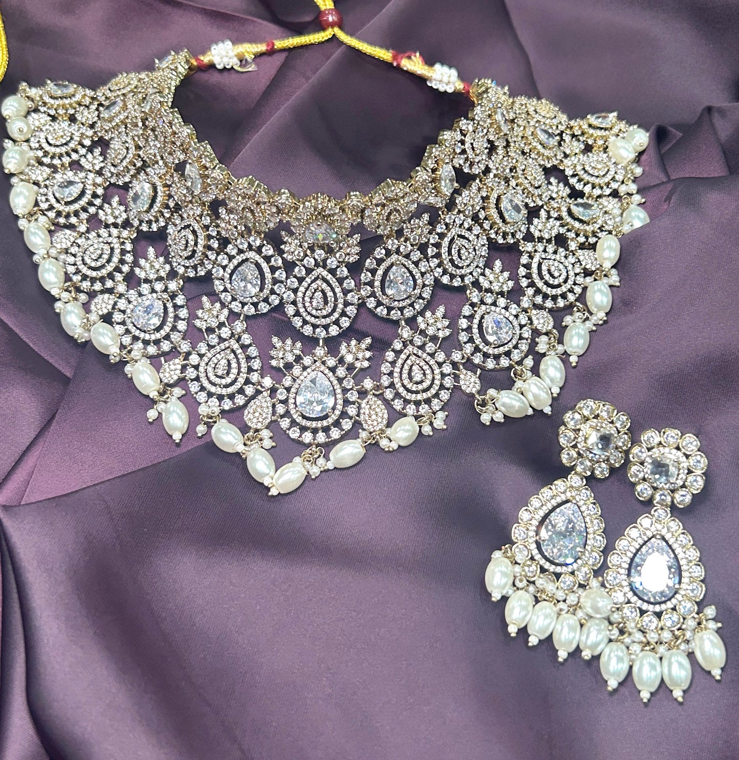 Diamond Look Choker Necklace Set with Pearls