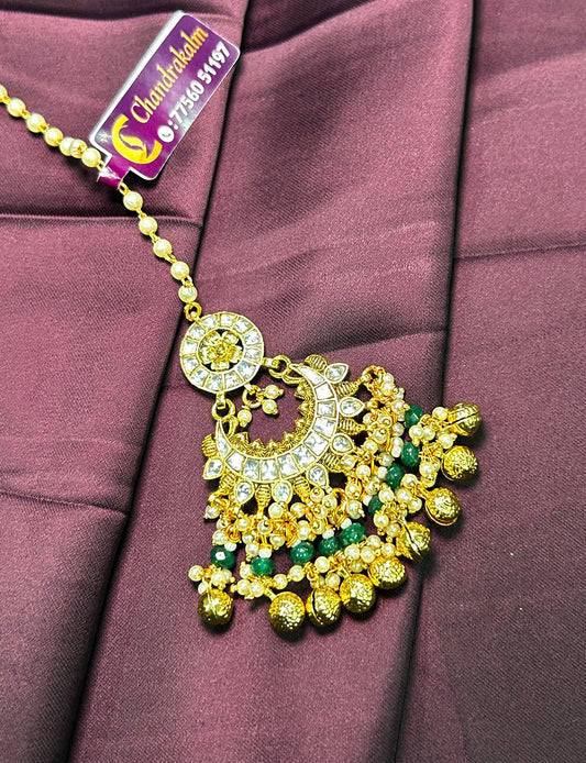 Chandbali Maang Tikka with Green & Gold Detailing