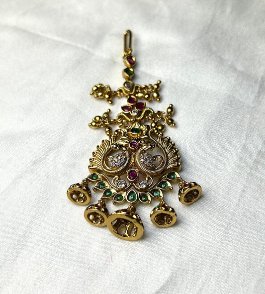 Temple-Style Peacock Maang Tikka with Jhumka Bells