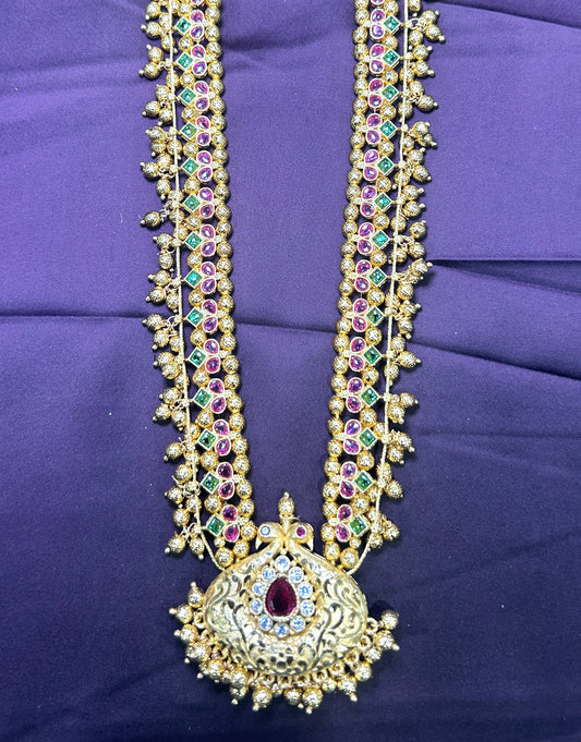 Traditional Temple-Style Haar with Ruby & Emerald Stones