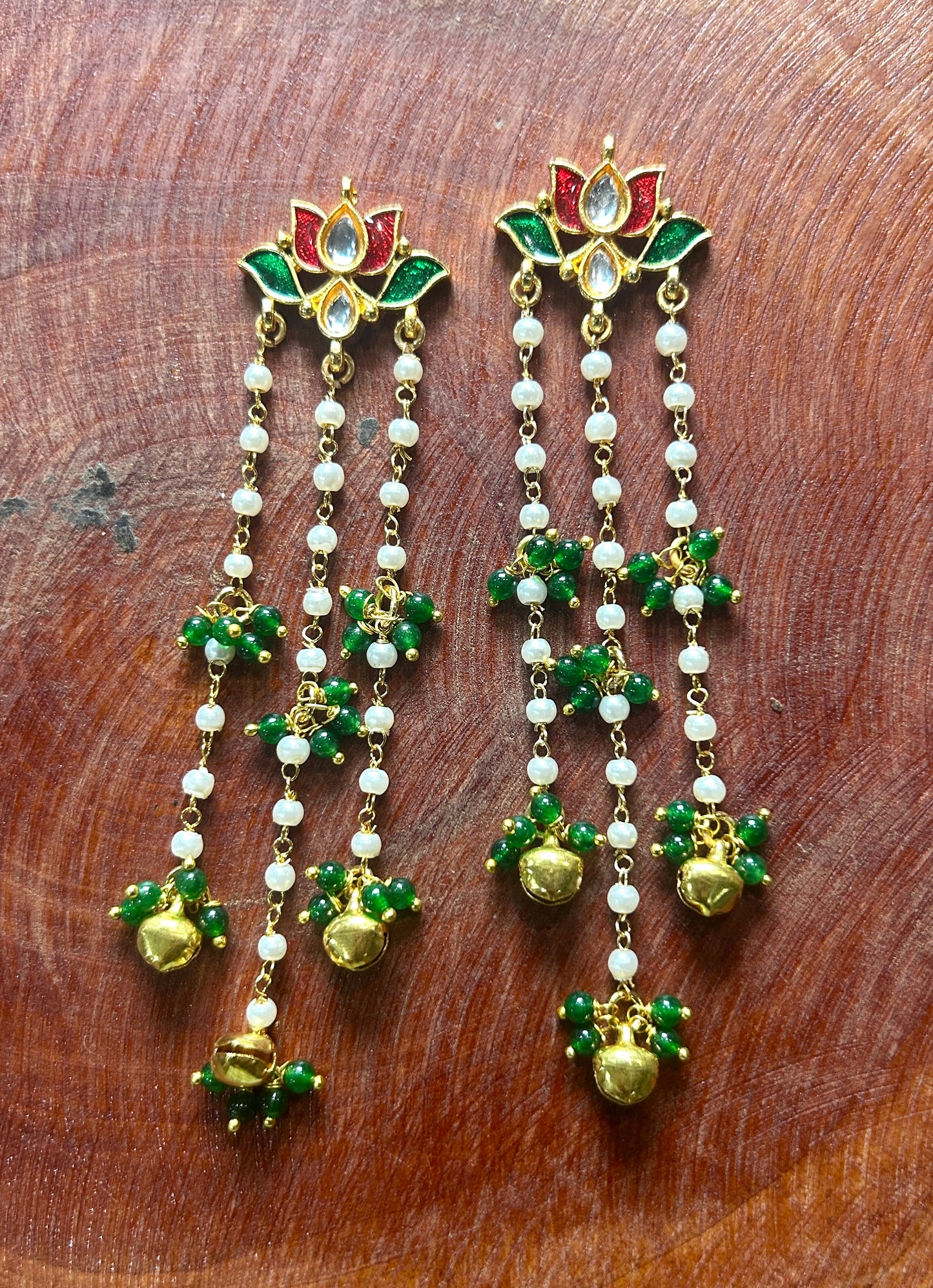Lotus Long Hair Accessory with Pearl Chains, Green Beads & Ghungroo