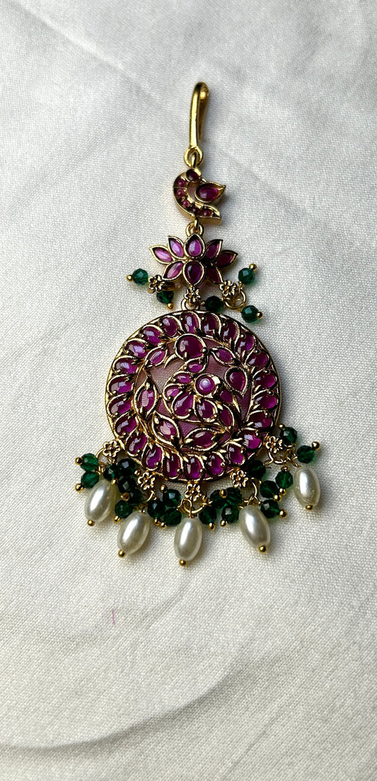 Paisley & Lotus Kundan Maang Tikka with Pearl Drops