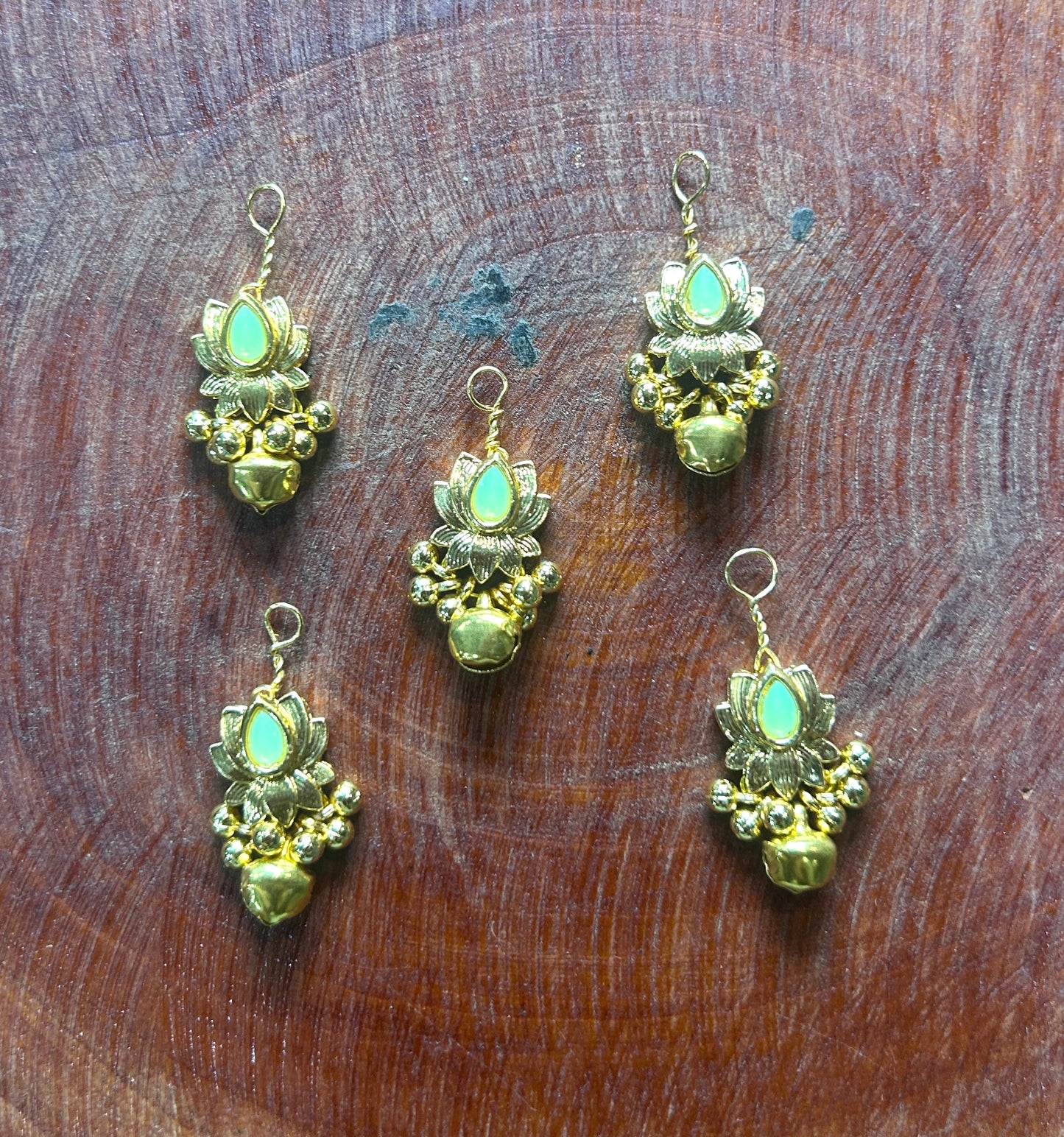 Golden Lotus Hair Accessory with Pastel Green Stone & Ghungroo