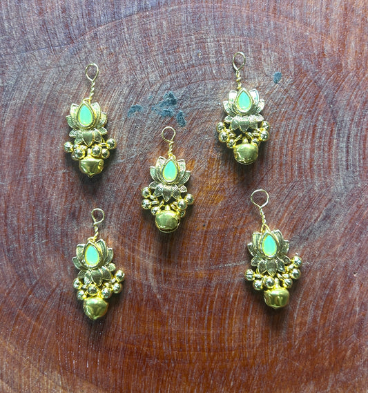 Golden Lotus Hair Accessory with Pastel Green Stone & Ghungroo