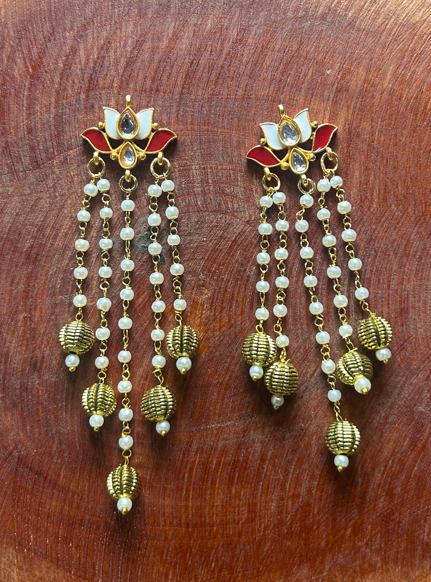 Lotus Long Hair Accessory with Pearl Chains & Golden Bead Drops