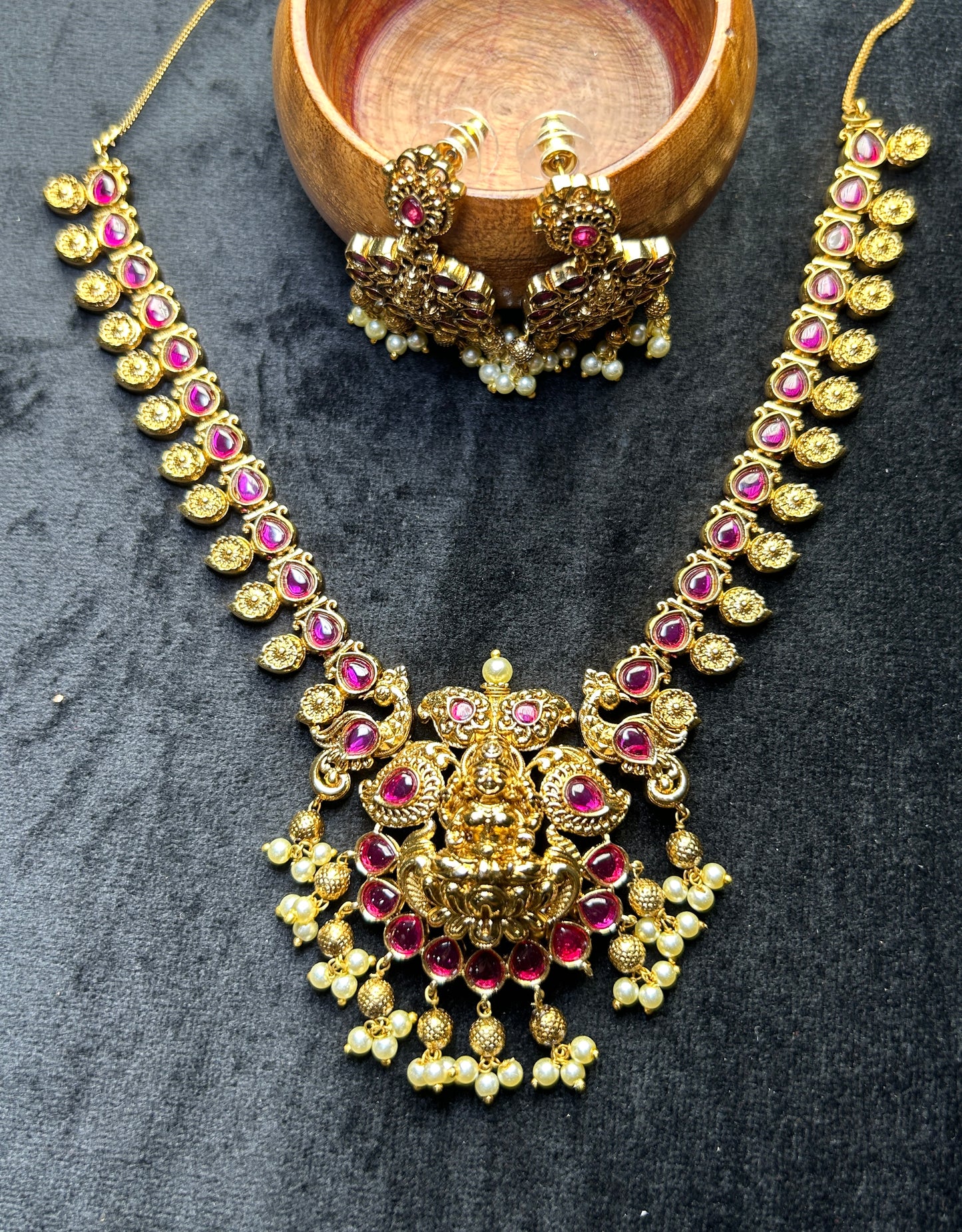 Goddess Lakshmi Temple Necklace Set – Ruby Pink & Pearl Finish