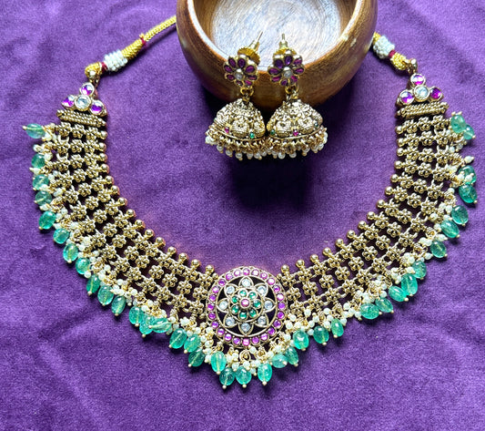 Heritage Floral Choker Necklace Set with Green Beads