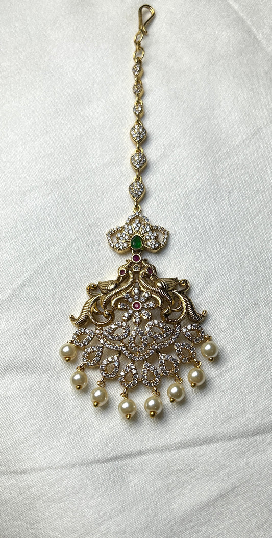 Victorian CZ Maang Tikka with Pearl Drops