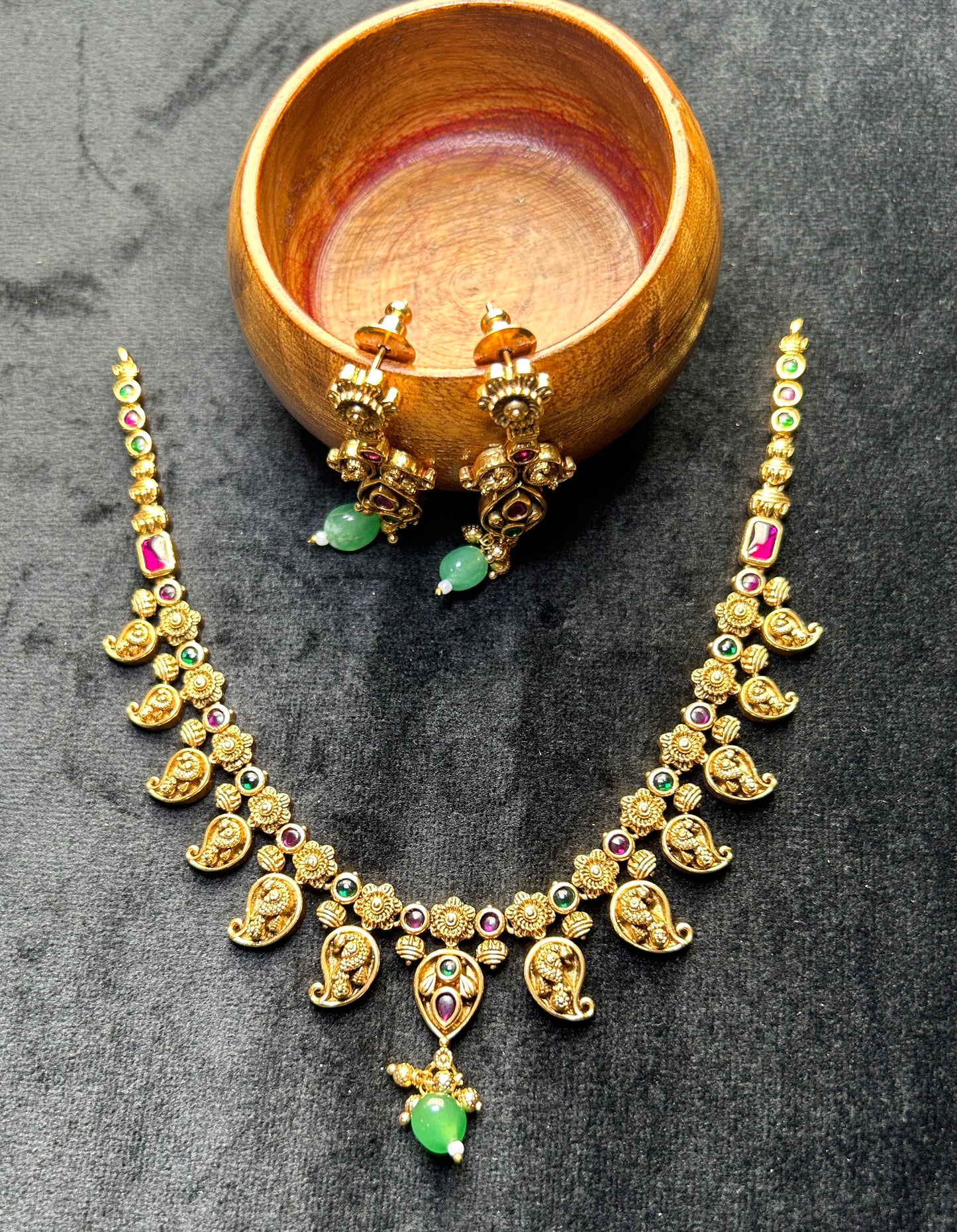 Peacock Paisley Temple Necklace Set – Antique Gold with Green Drops