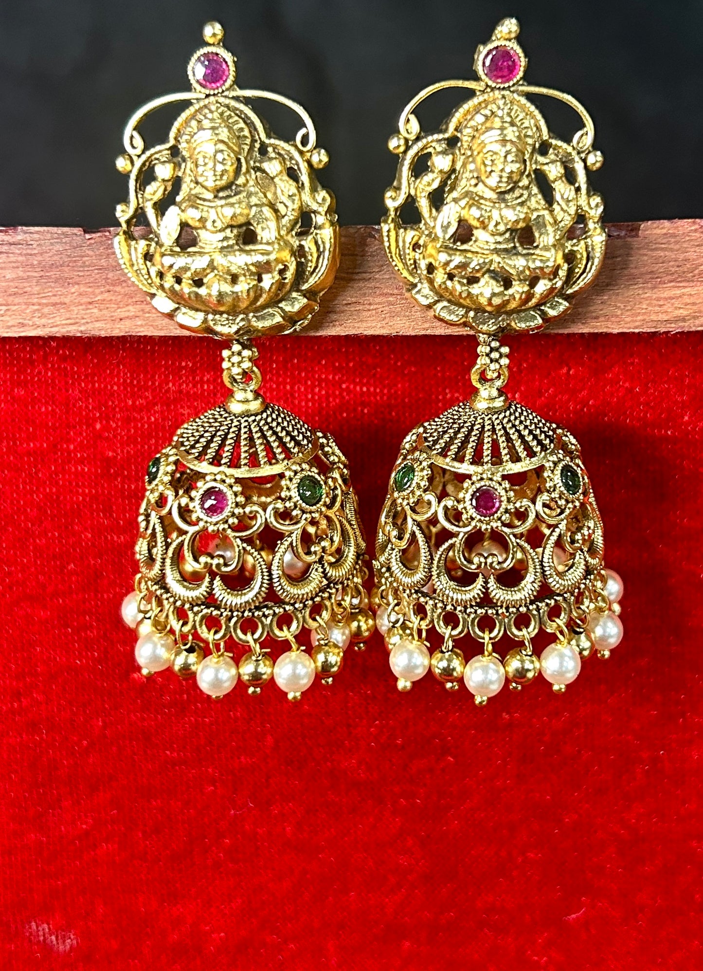 Lakshmi Lotus Temple Jhumkas with Pearl Hangings