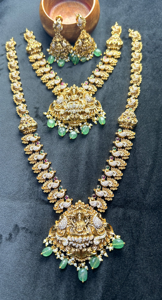 Goddess Lakshmi Bridal Temple Jewellery Set – Antique Gold with Green Drops