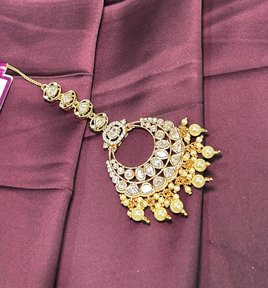 Crescent Kundan Maang Tikka with Pearls
