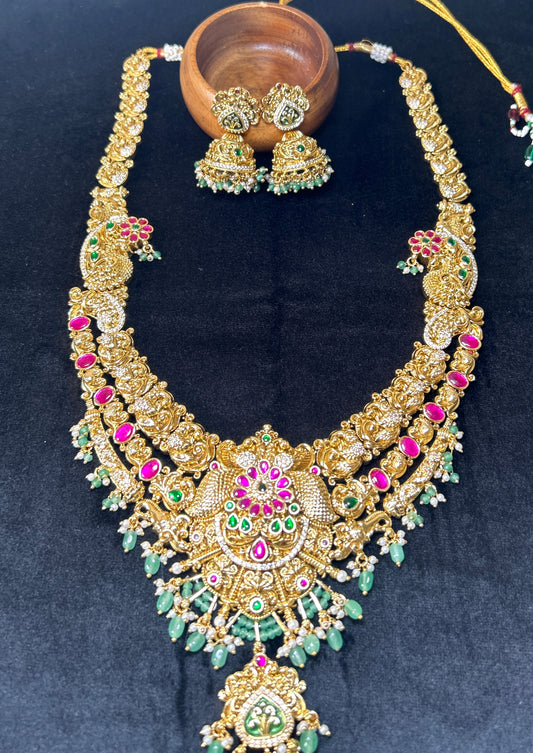 Peacock Lakshmi Temple Bridal long Necklace Set