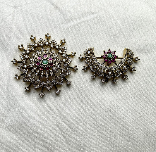 South Indian Surya & Chandra Hair Brooch Set