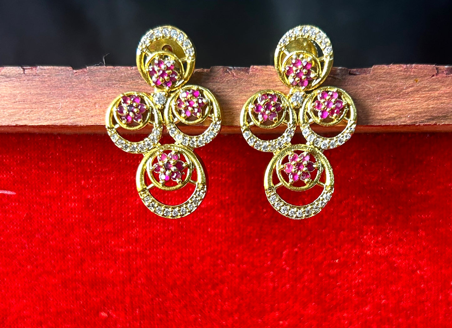 Floral Ruby & CZ Stone Stud Earrings