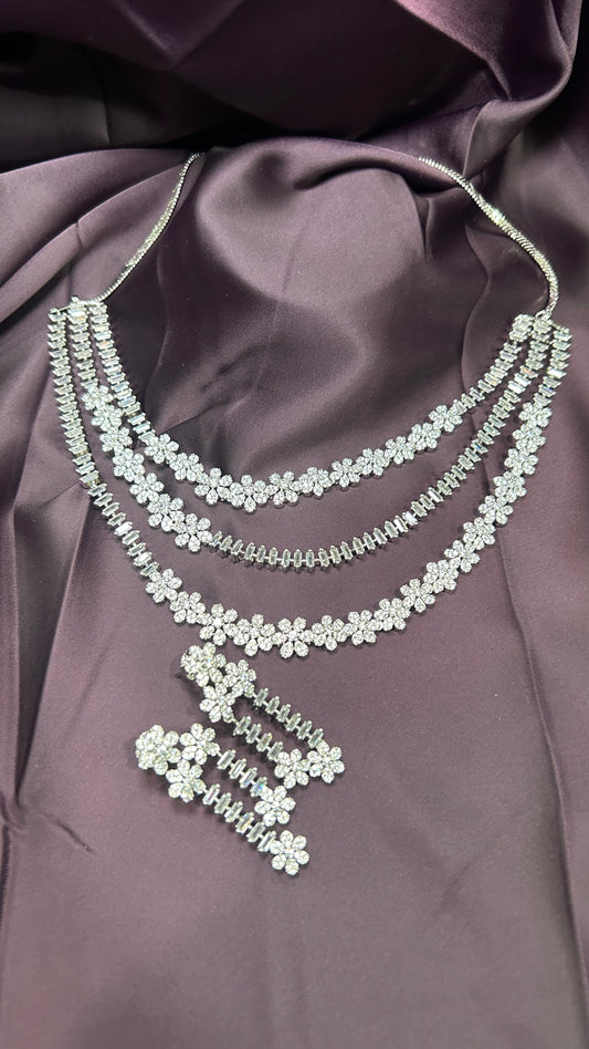 Triple Layer Diamond Floral Necklace Set