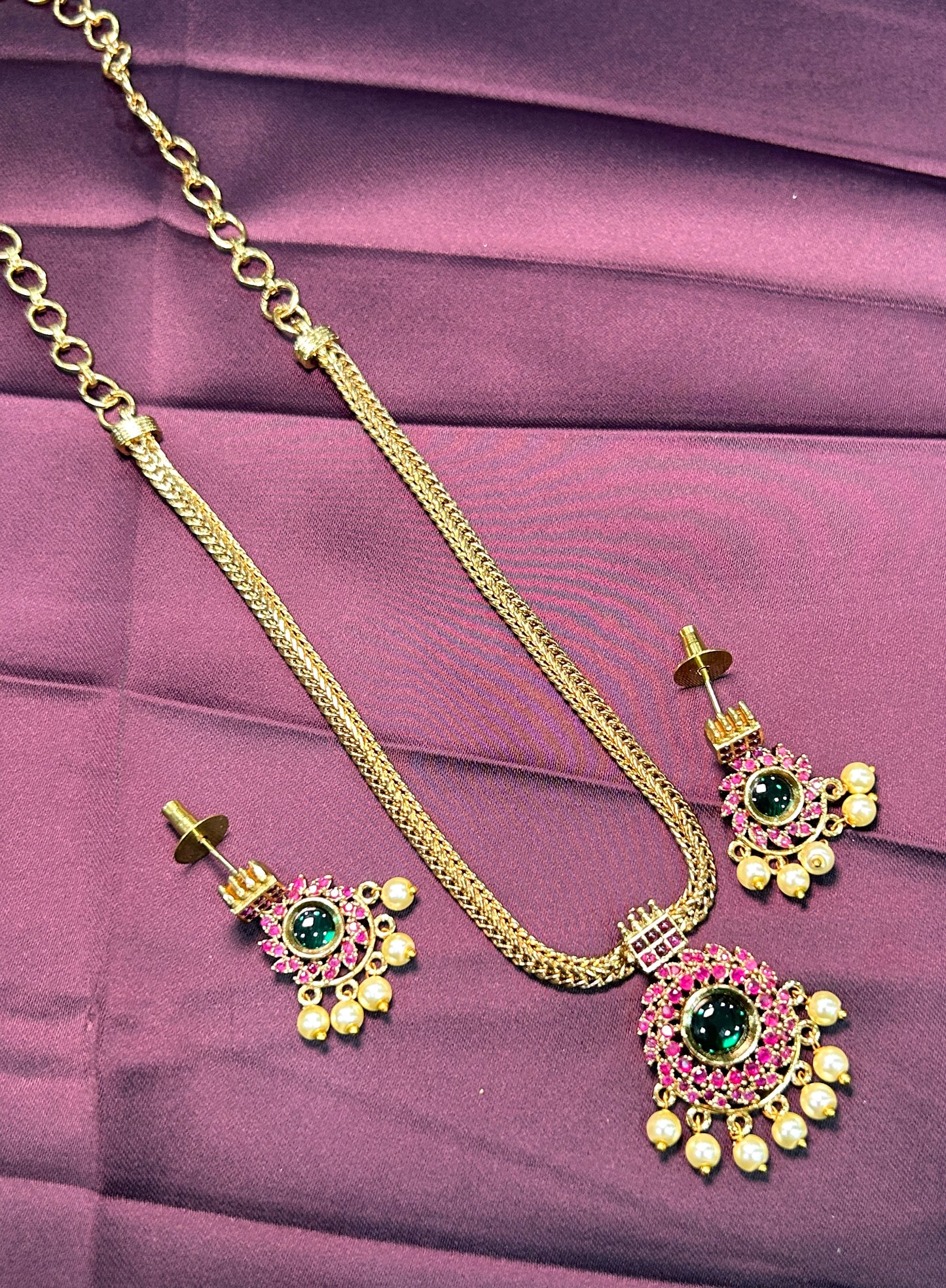 Emerald & Ruby Pearl Drop Necklace Set