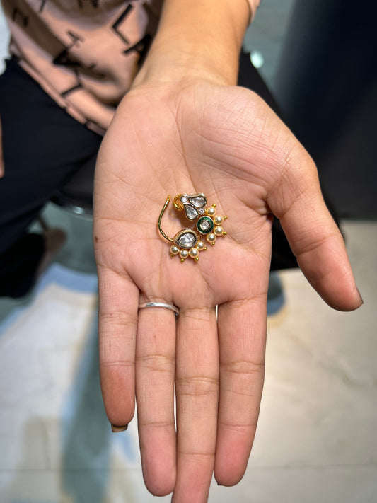 Kundan Pearl Maharashtrian Nath with Green Accent