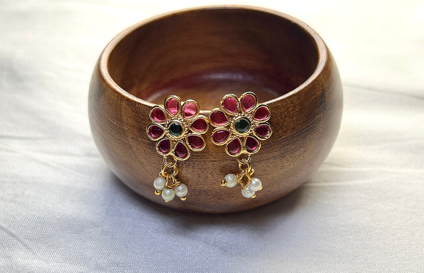 Pink Floral Kundan Bugdi with Pearl Drops