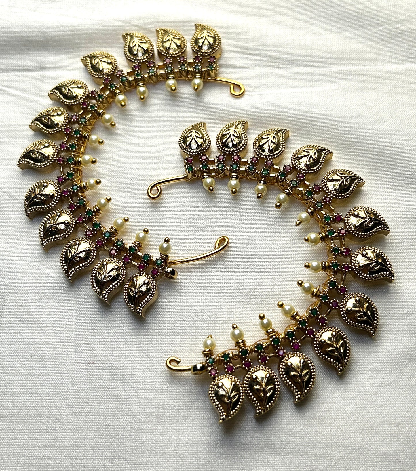 Pearl-Embellished Leaf Motif Ear Cuffs – Antique Finish
