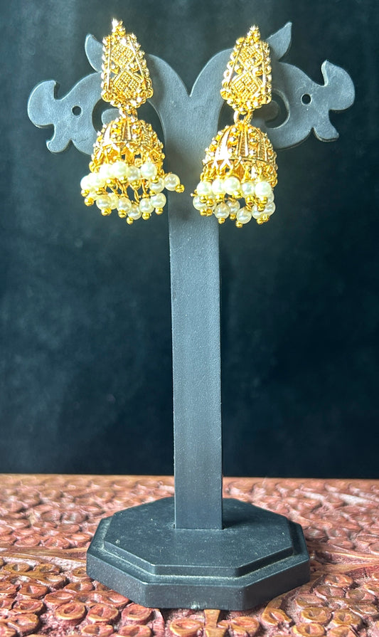 Traditional Gold-Tone Jhumkas with Pearl Drops