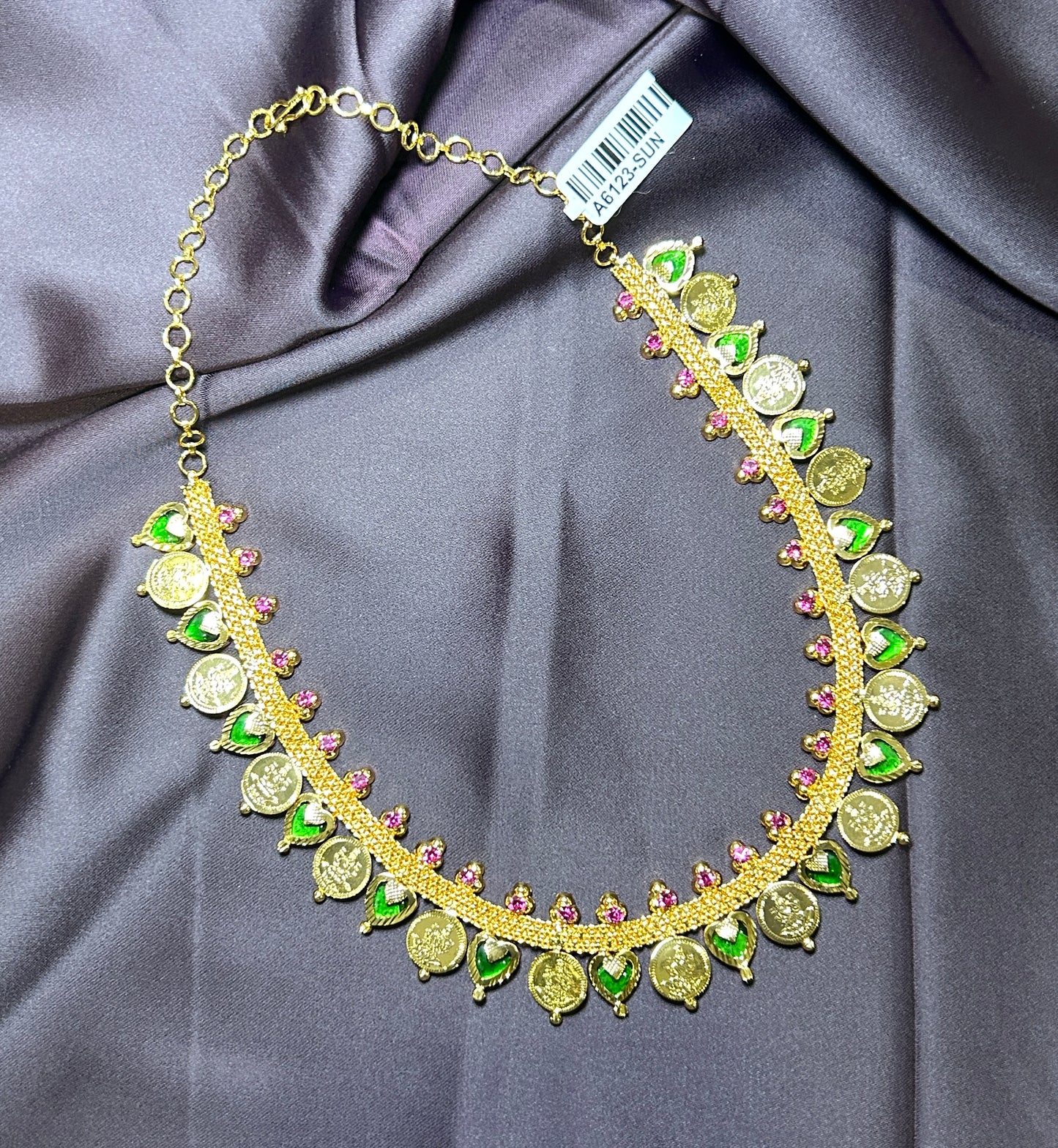 Coin Haar with Green & Pink Enamel Accents