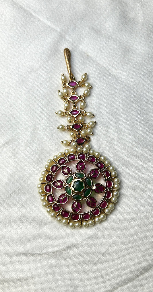 Traditional Kundan Maang Tikka with Ruby & Emerald Accents