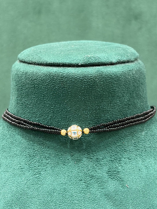 Minimalist Black Beaded Necklace with Square Kundan Centrepiece