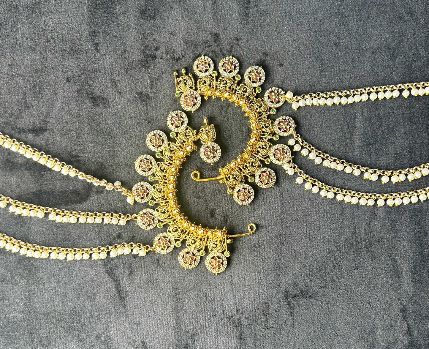 Temple Style Ear Cuffs with Triple Pearl Chains – Floral Motif Design