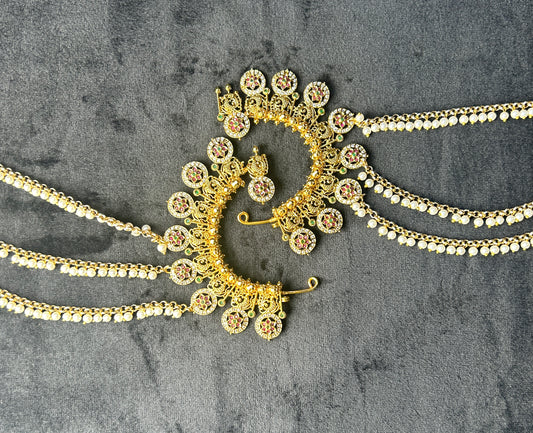 Temple Style Ear Cuffs with Triple Pearl Chains – Floral Motif Design