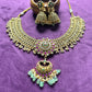Antique Lakshmi Pendant Necklace Set with Green Bead Drops