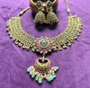 Antique Lakshmi Pendant Necklace Set with Green Bead Drops