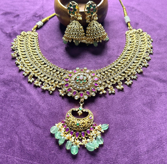 Antique Lakshmi Pendant Necklace Set with Green Bead Drops