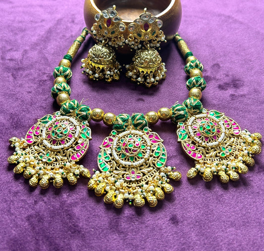 Traditional Pachikundan Necklace Set with Lotus Motifs & Jhumka Earrings