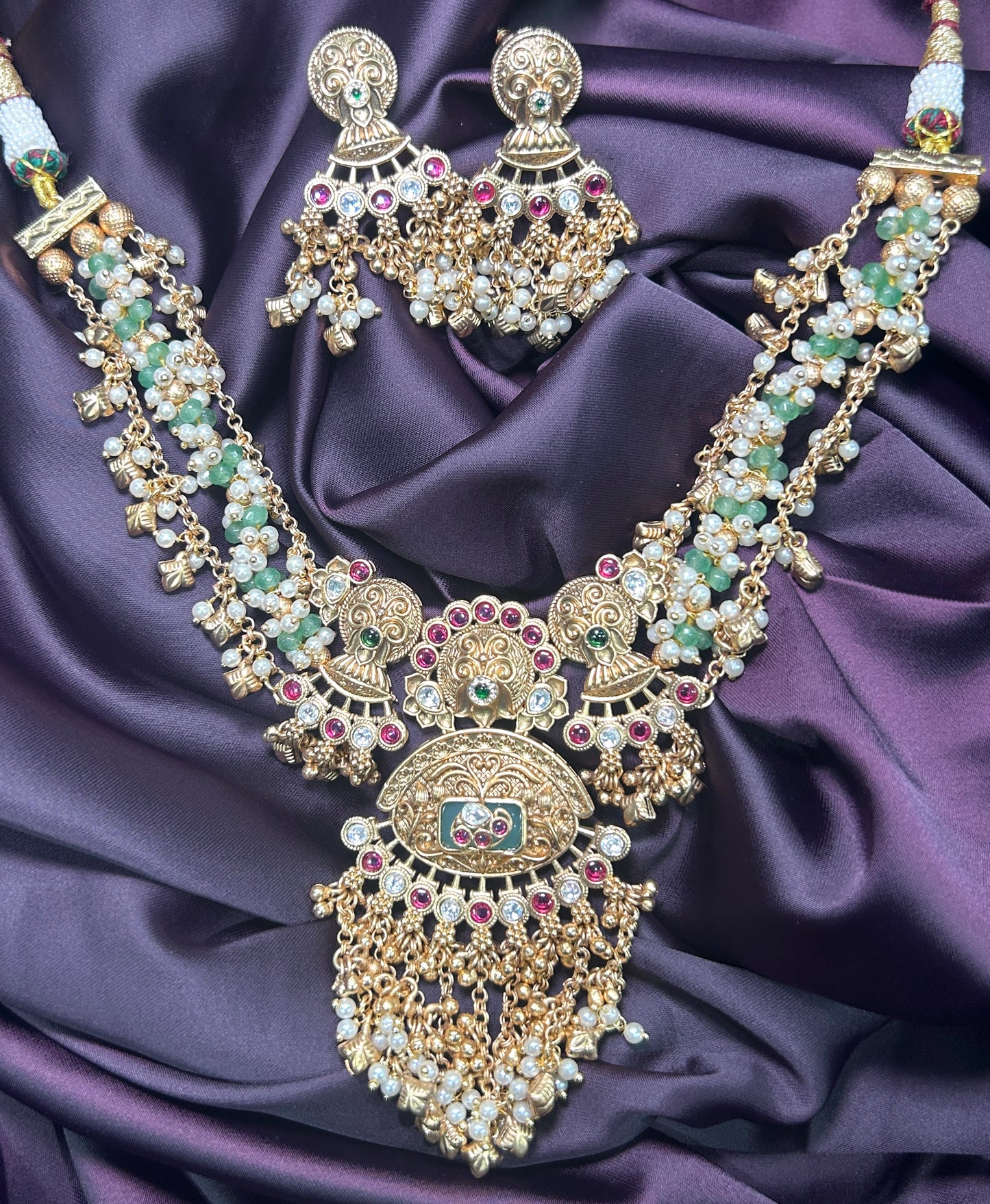 Antique Temple Necklace Set with Green Beads
