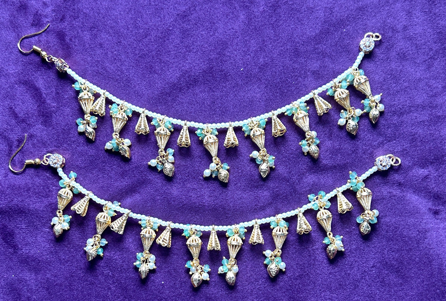 Elegant Aqua Blue & Pearl Beaded Kaanchain (Ear Chains) Pair
