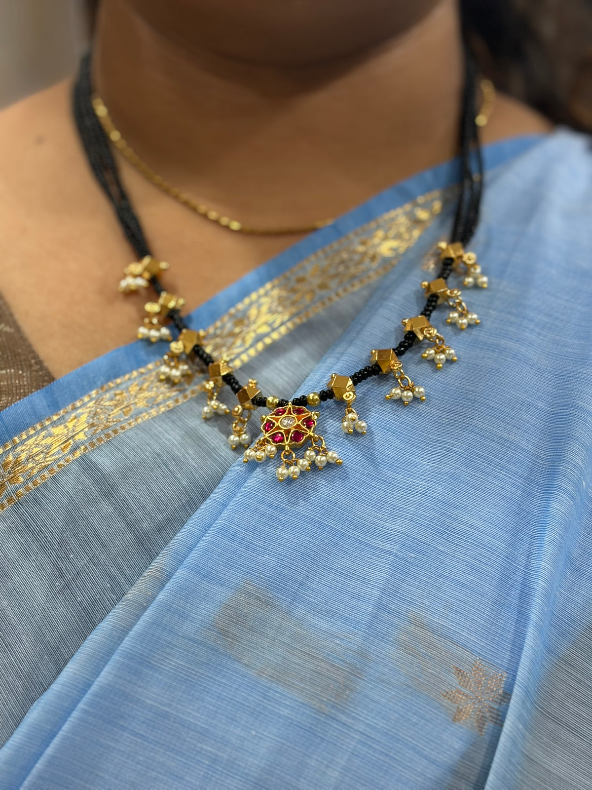 Traditional Pink Stone Black Beads Mangalsutra with Pearl Drops