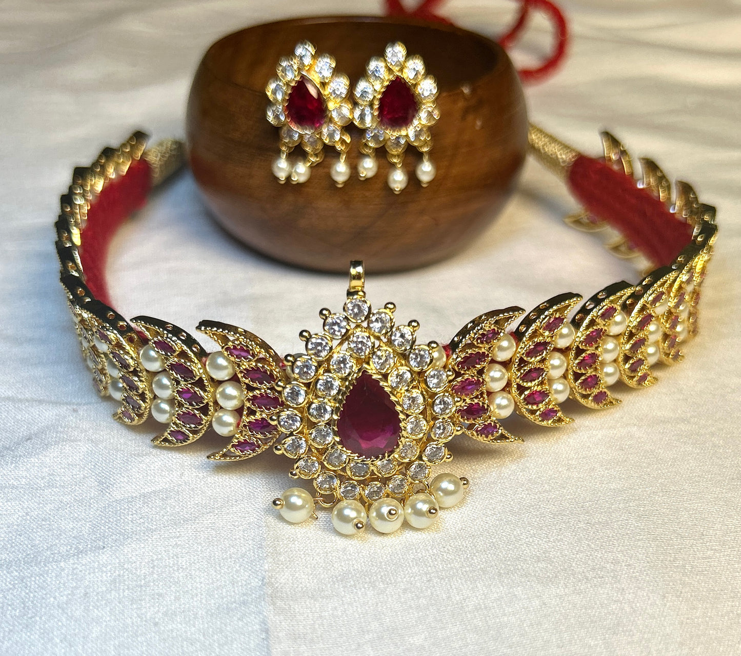 Ruby & Pearl Studded Traditional Choker Set – 1 Gram Gold Finish