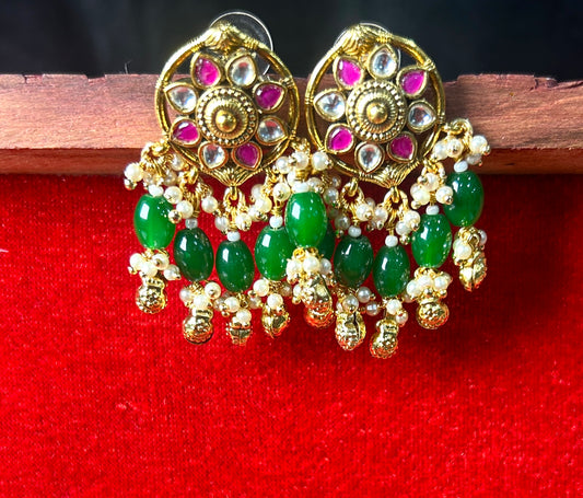 Floral Kundan Earrings with Green Beads & Pearls