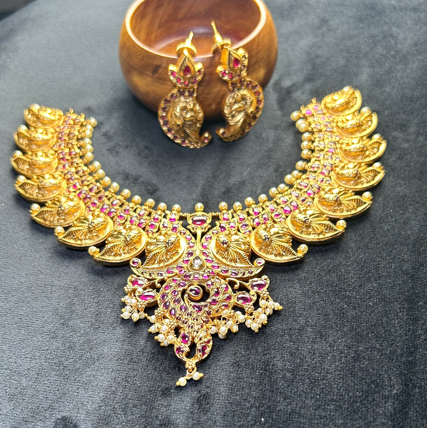 Makara Motif Temple Necklace Set – Antique Gold with Ruby Accents